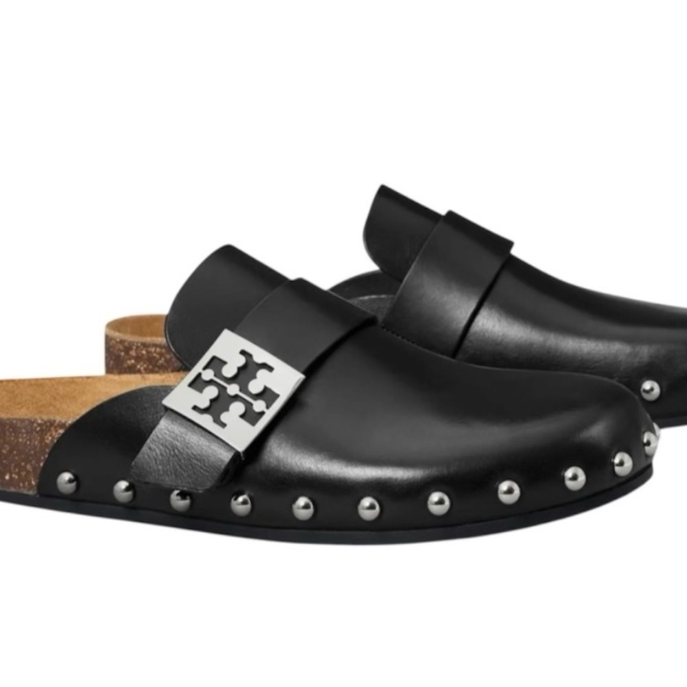 Tory Burch Black Leather Loafers with Silver Accents